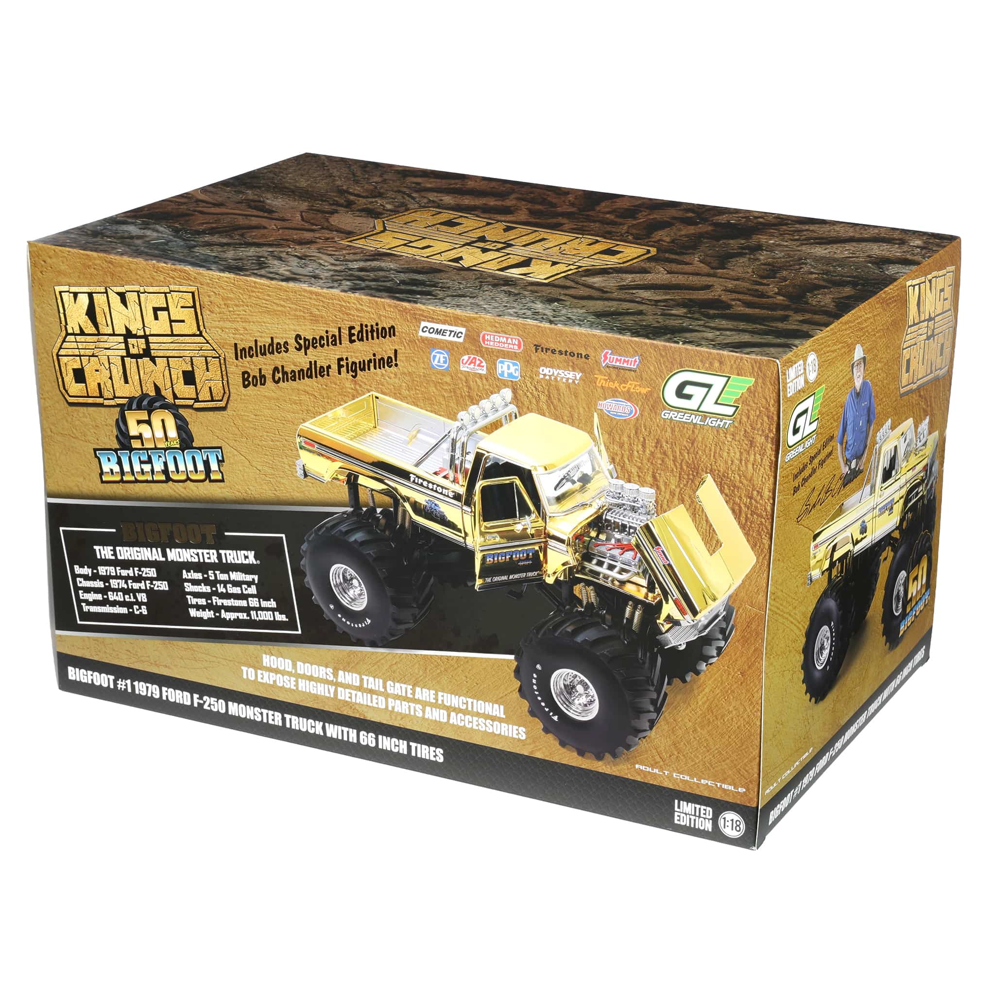 1/18 Gold Chrome Bigfoot #1 50th Anniversary 1979 Ford F-250 Monster Truck with Bob Chandler Figurine, Limited Edition - Image 10