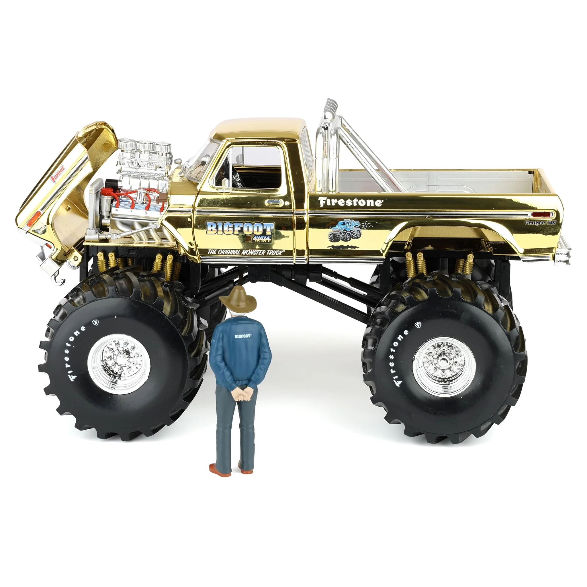 1/18 Gold Chrome Bigfoot #1 50th Anniversary 1979 Ford F-250 Monster Truck with Bob Chandler Figurine, Limited Edition - Image 6