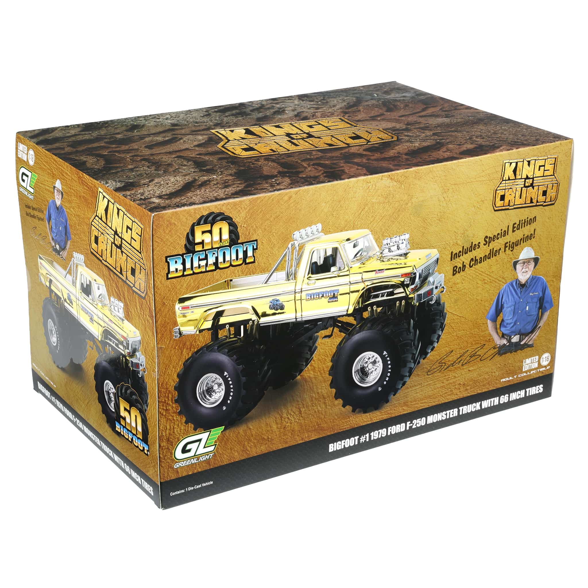 1/18 Gold Chrome Bigfoot #1 50th Anniversary 1979 Ford F-250 Monster Truck with Bob Chandler Figurine, Limited Edition - Image 9